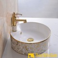 Chậu lavabo tròn đặt bàn hoa văn vàng Navier NV-406