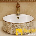 Chậu lavabo tròn đặt bàn hoa văn vàng Navier NV-406