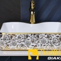 Chậu lavabo vuông đặt bàn hoa văn vàng Navier NV-407