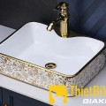 Chậu lavabo vuông đặt bàn hoa văn vàng Navier NV-407