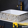 Chậu lavabo vuông đặt bàn hoa văn vàng Navier NV-407