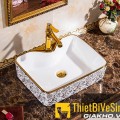 Chậu lavabo vuông đặt bàn hoa văn vàng Navier NV-407