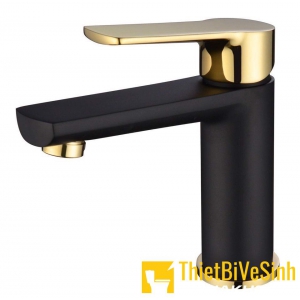Vòi lavabo đồng thau sơn tĩnh điện đen mạ vàng 20cm Lucky LK-7005