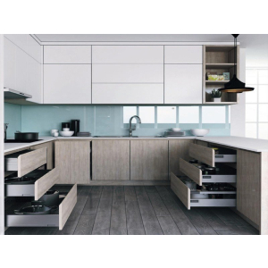 Tủ Bếp Melamine Màu Gỗ Kết Hợp Màu Trăng Mờ Cao Cấp NV-5120