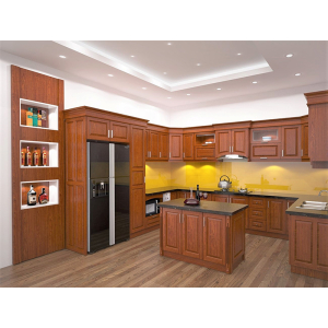 Tủ bếp gỗ xoan đào hình chữ U có quầy bar NV5063