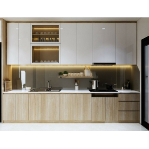 Tủ bếp Acrylic chữ I màu vân gỗ NV-5006