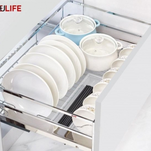 Giá bát đĩa dưới nan dẹt Inox304 ray âm giảm chấn Eulife GB600