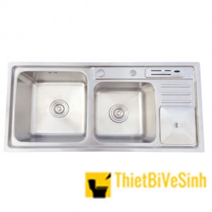 Chậu rửa chén 2 hộc lệch kèm khay hố rác và vắt dao Navier NV-9245VD