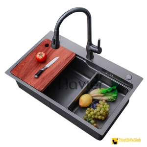 Chậu rửa chén 1 hộc lớn inox phủ nano đen kèm khay Navier NV-7846NND