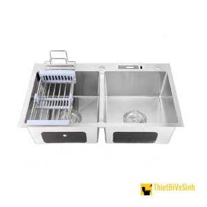 Chậu Rửa Chén 2 Ngăn Kèm Hộc Vắt Dao Inox Cao Cấp Không Sơn Navier NV-8350DTKS