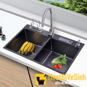 Chậu rửa chén 2 ngăn inox phủ nano đen có vắt dao Navier NV-8245DT201NND