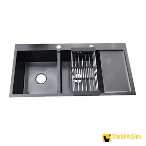 Chậu chén 2 ngăn đều liền khay inox nano Navier NV-10048C201NND