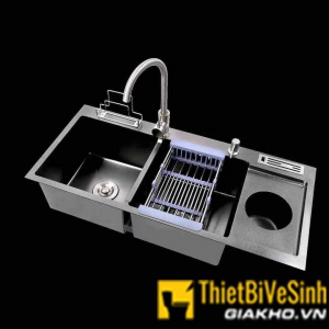Chậu chén 2 ngăn nano liền khay có hố rác inox 201 cao cấp Navier NV-10048RDT201NND