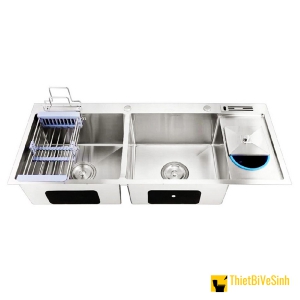 Chậu rửa chén 2 ngăn liền khay có hố rác cao cấp Navier NV-10048 RDTKS