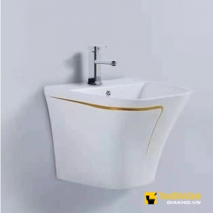 Chậu lavabo liền khối vuông treo tường trắng viền vàng Navier NV-422V