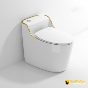 Bồn Cầu 1 Khối Trắng Viền Vàng Nút Lệch Navier NV-1030T