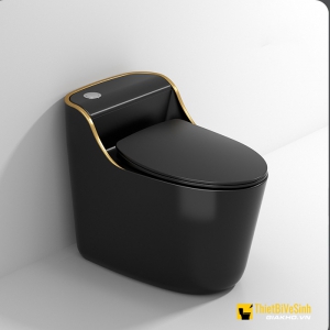 Bồn Cầu 1 Khối Đen Viền Vàng Nút Lệch Navier NV-1030D