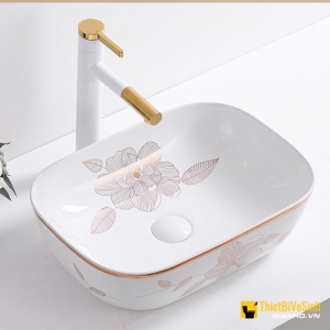 Chậu Lavabo Đặt Bàn Vuông Giác Cạnh Viền Vàng Họa Tiết Hoa Navier NV-435H