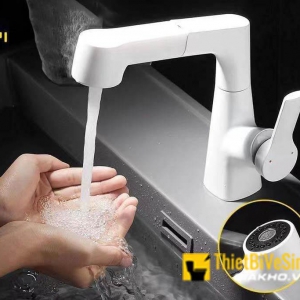 Vòi lavabo nóng lạnh đầu dây rút thân xoay 360 trắng Navier NV-635T