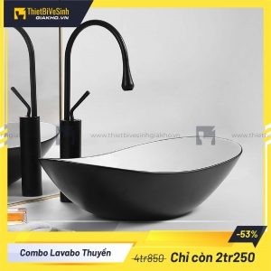 Bộ Combo Lavabo Thuyền Trắng Đen + Vòi Thiên Nga Đen CB414TD