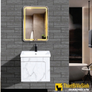 Bộ Tủ Chậu Lavabo PVC Vân Đá Trắng Kèm Gương Led Navier NV-507T
