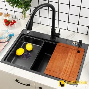 Chậu rửa bát 1 ngăn inox 304 chuẩn 100% màu đen Navier NV-7546D