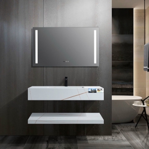 Bộ Bàn Đá Lavabo Chống Trầy Cao Cấp Màu Trắng Vân Vàng NV 1130TV