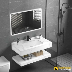 Bộ Bàn Đá Lavabo Âm Bàn Đôi Chống Trầy Trắng Vân Mây Kèm Gương Led, Lavabo Navier NV-1130T