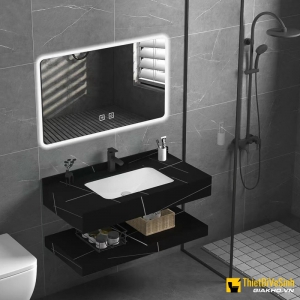 Bộ Bàn Đá Lavabo Âm Bàn Đôi Chống Trầy Trắng Vân Mây Kèm Gương Led, Lavabo Navier NV-1130D