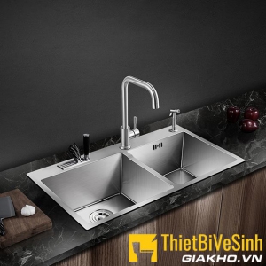 Chậu chén 2 ngăn đều inox 201 cao cấp Navier NV-8245VD201 (có vắt dao thớt)