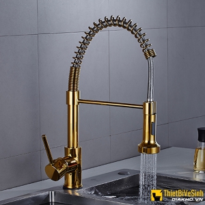 Vòi rửa chén lò xo kép đồng thau mạ vàng Navier cao cấp NV-214V