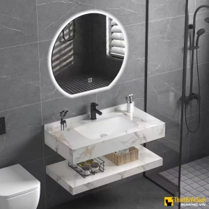 Kệ Lavabo 2 Tầng Trắng Giả Gạch Bóng Vân Vàng Chống Trầy Kèm Lavabo Âm 80x47 Navier NV-1134TB