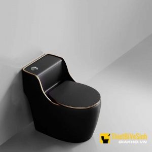 Bồn Cầu 1 Khối Đen Viền Vàng Nút Lệch NV-1013D