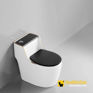 Bồn Cầu 1 Khối Nắp Đen Nút Lệch Viền Vàng Navier NV-1013TD