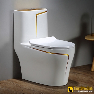 Bồn Cầu 1 Khối Navier Cao Cấp Trắng Viền Vàng NV-1007TV