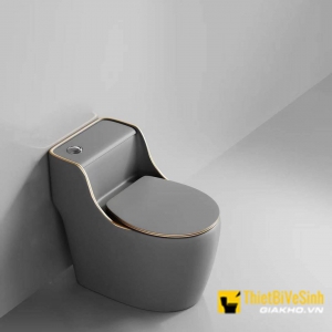 Bồn Cầu 1 Khối Xám Viền Vàng Nút Lệch NV-1013X