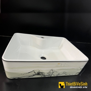 Chậu Lavabo Đặt Bàn Sứ Trắng Họa Tiết Viền Đen Navier NV-434HTVD