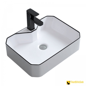 Lavabo Đặt Bàn Trắng Vuông Viền Đen Tích Hợp Lỗ Vòi Navier NV-353