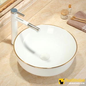 Chậu lavabo đặt bàn tròn sứ trắng viền vàng Navier NV-339