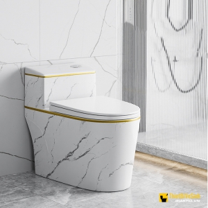 Bồn cầu 1 khối két nước thấp nút lệch men trắng vân mây viền vàng Navier NV-1004VM