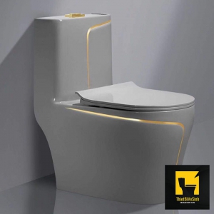 Bồn Cầu 1 Khối Navier Cao Cấp Xám Viền Vàng NV-1008XMV