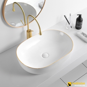 Chậu Lavabo Oval Đặt Bàn Sứ Trắng Viền Vàng Cao Cấp Navier NV-341