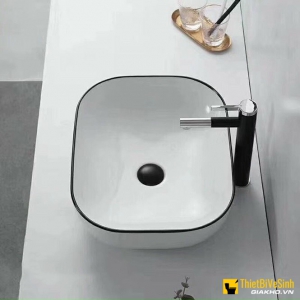 Lavabo đặt bàn vuông giác cạnh sứ trắng viền đen Navier NV-435TVDL