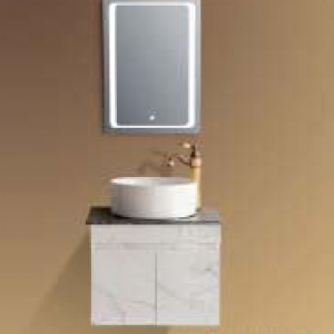 Bộ Tủ Chậu Lavabo PVC Đá Trắng Mặt Vân Đá Đen Kèm Gương LED Navier NV-520