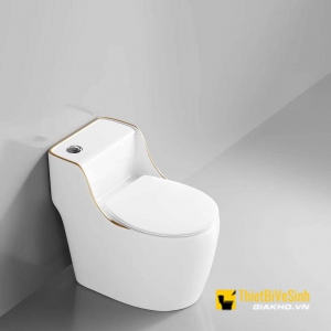Bồn Cầu 1 Khối Trắng Viền Vàng Nút Lệch Navier NV-1013T