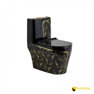 Bồn Cầu 1 Khối Đen Viền Vàng Họa Tiết Hoa Văn Cao Cấp Navier NV-1008DHV