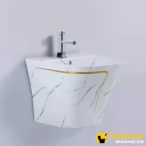 Chậu lavabo liền khối vuông treo tường vân mây viền vàng Navier NV-422VM