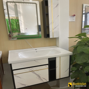 Bộ Tủ Chậu Liền Gương Led 80 Polywood Trắng Vân Mây Navier NV-485T
