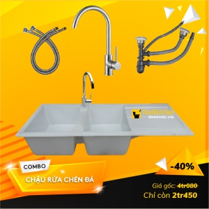 Combo Chậu Rửa Chén Đá Nhân Tạo 2 Hộc Đều Có Cánh - CB62