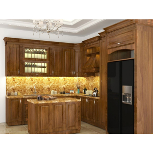 Tủ bếp gỗ căm xe hình chữ L có quầy bar NV-5057